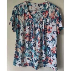JM Collection Petite Womens Short Sleeve Floral Print Blue/Coral/White Size L